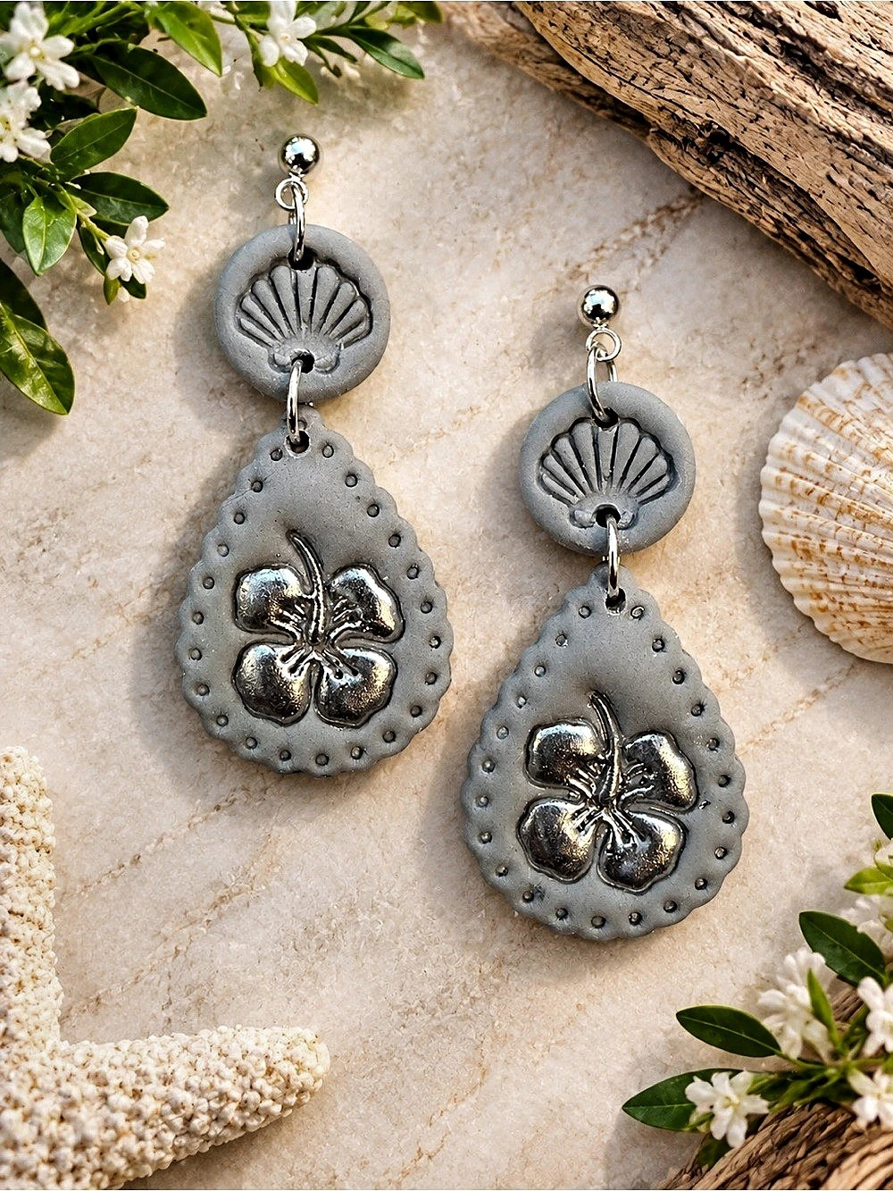 Gray & Silver Floral Drop Handmade Polymer Clay Earrings